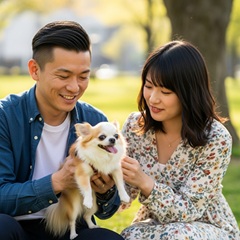 犬好きの婚活で出会ったチワワ好きの30歳男性と30歳女性がデートしている画像