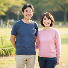 50代の男女が自宅のリビングで会話している様子