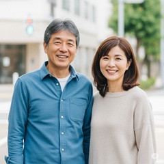 50代の男女が夕焼けを背景に海辺を散歩している様子