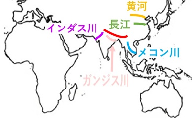 インダス川・ガンジス川・黄河・長江の地図