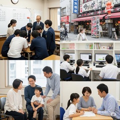 大阪の様々な教育現場で、地域ごとの塾の種類や生徒のニーズの違いを反映したイメージ画像