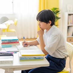 知的な表情で熱心に勉強している日本の中学生のイメージ