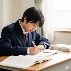 教科書の内容を要約することで読解力と整理力を高めている日本の中学生のイメージ