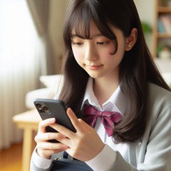 女子中学生が自宅でスマホを使っている画像