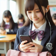 女子中学生がイヤホンをしてスマホを使っている画像