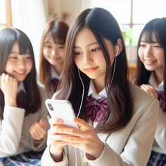 女子中学生が友達と一緒にスマホを使っている画像