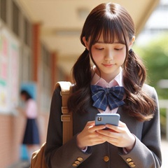 女子中学生が学校でスマホを使っている画像