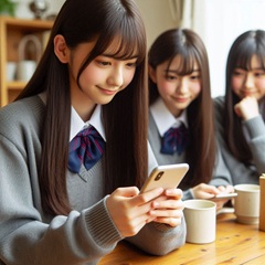 女子中学生が友達と遊びながらスマホを使っている画像