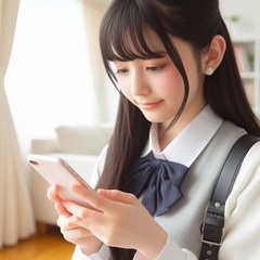 女子中学生が家でスマホを使っている画像