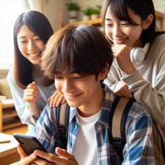 男子中学生が友達と一緒にスマホを使っている画像