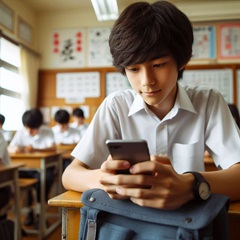 男子中学生が学校でスマホを使っている画像