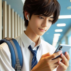 男子中学生がスマホを使って英語学習アプリで勉強している画像