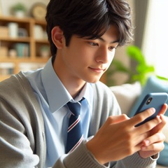 男子中学生が自宅でスマホアプリで問題集を解いている画像