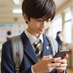 男子中学生が一人でスマホを使って動画学習アプリを見ている画像