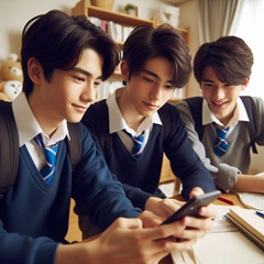 男子中学生が友達とスマホを使って動画学習アプリを見ている画像