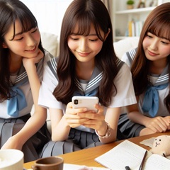 女子中学生が友達とスマホを使って動画学習アプリを見ている画像