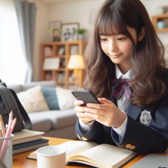 女子中学生が家でスマホを使って動画学習アプリを見ている画像