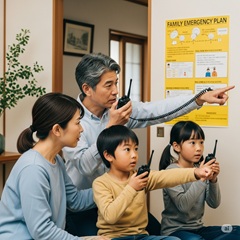 緊急時の連絡訓練と家族ルールをイメージした日本の家族の画像
