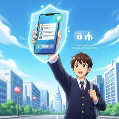 中学生のスマホが緊急時の連絡と安全確保に役立つ強力なツールであることをイメージした画像
