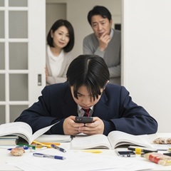 日本の中学生が勉強中にスマホに気を取られているイメージ画像