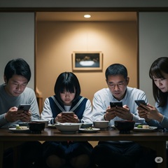 日本の中学生を持つ家族が夕食時にスマホに夢中になっているイメージ画像