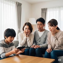 中学生がスマホで家族の情報を公開してしまい、両親がショックを受けているイメージ画像