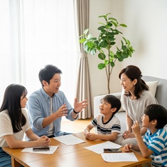 学生を持つ家族がリビングでスマホの利用ルールについて話し合っているイメージ画像