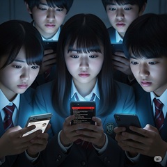 スマホのトラブルに直面する日本の女子中学生のイメージ画像