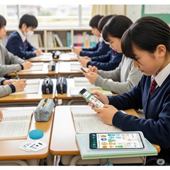 中学生がスマートフォンを強力な学習ツールとして効果的に活用し、情報収集能力を向上させているイメージ画像