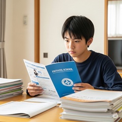 志望高校を選んでいる真面目な中3男子の画像