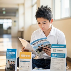 志望校を選んでいるおしゃれな中3男子の画像