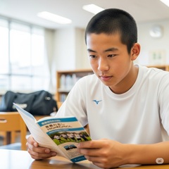 志望校を選んでいる体育会系中3男子の画像