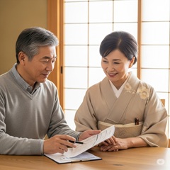 熟年カップルがお互いの経済状況を共有し、信頼と透明性をイメージした画像