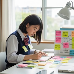 高校受験に向けて大きな目標を小さな「できること」に分解している日本の中学３年生のイメージ画像