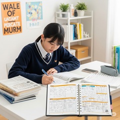 高校受験合格のため効率的な学習計画で勉強をしている日本の中学３年生のイメージ画像