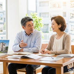 熟年カップルが住居のオプションについて話し合っているイメージ画像
