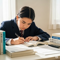 高校受験のために国語の勉強で自分の考えを論理的に表現しようとしている日本の中３のイメージ画像