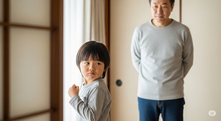 親の指示に背を向ける子どものイラスト。心理的リアクタンスを表現。