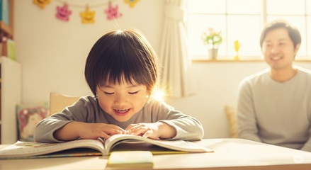 電球が点灯し、アイデアが浮かんだような子どものイラスト。やる気が芽生える様子。