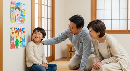 子どもの描いた絵を褒める親のイラスト。努力を認める場面。