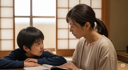 勉強で悩む子どもの隣で優しく話を聞く親のイラスト。サポートの姿勢。
