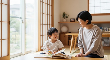 本を広げて楽しそうに話す子どもと、笑顔で耳を傾ける親。知的好奇心の促進