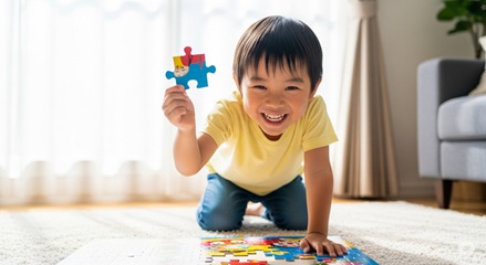 パズルのピースを自分で見つけて喜ぶ子どものイラスト。自律性を育む
