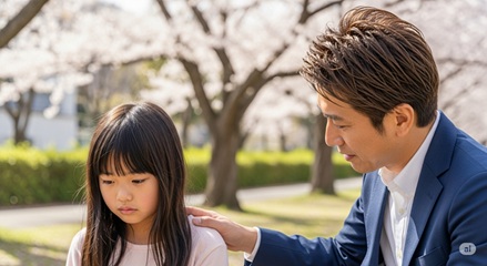 親が子どもの肩に手を置き、安心させる場面。精神的サポート。