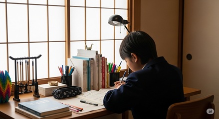 整理整頓された勉強机と、集中して学習する子どもの後ろ姿。理想の学習環境
