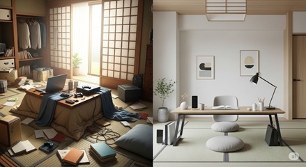 整理整頓された勉強机と散らかった机の比較。環境作りの重要性。