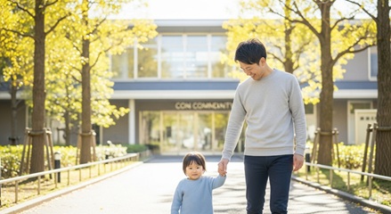 親子の手が重なり、小さな一歩を踏み出すイメージ。ポジティブな変化