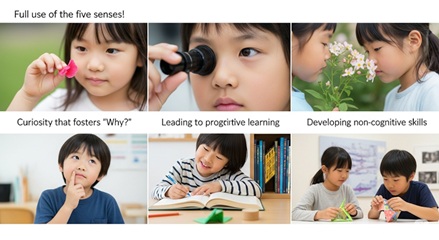 「五感を活用して学ぶ小学生」  「探求心を持つ子供」  「主体的に学ぶ小学生」  「協力して体験学習をする子供たち」