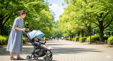 夏の屋外で笑顔で過ごす乳幼児と親子のイメージ写真