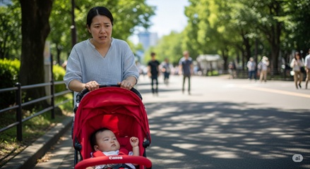 夏の外出で乳幼児が暑がったり、ぐずったりする困った状況のイラスト